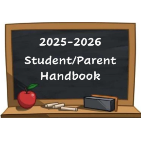 student/parent handbook image with chalkboard, chalk/eraser, and an apple